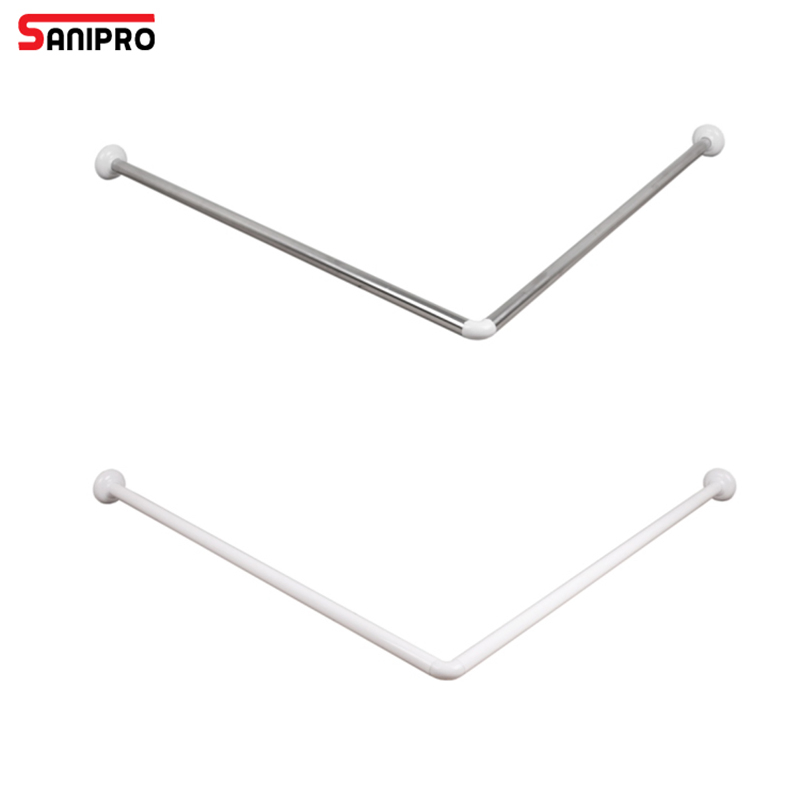 Sanipro White Polished Nickel Hanging Retractable Curtain Rail Bathroom Aluminum Tension Corner L Shaped Shower Rod
