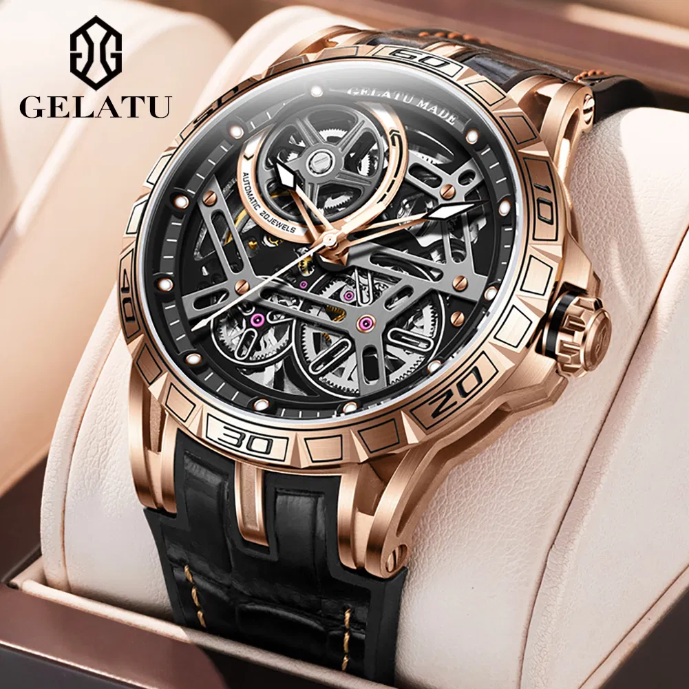 OEM ODM Stock Gelatu 6015 Custom Logo Skeleton Luxury Tourbillon Waterproof Mechanical Watch