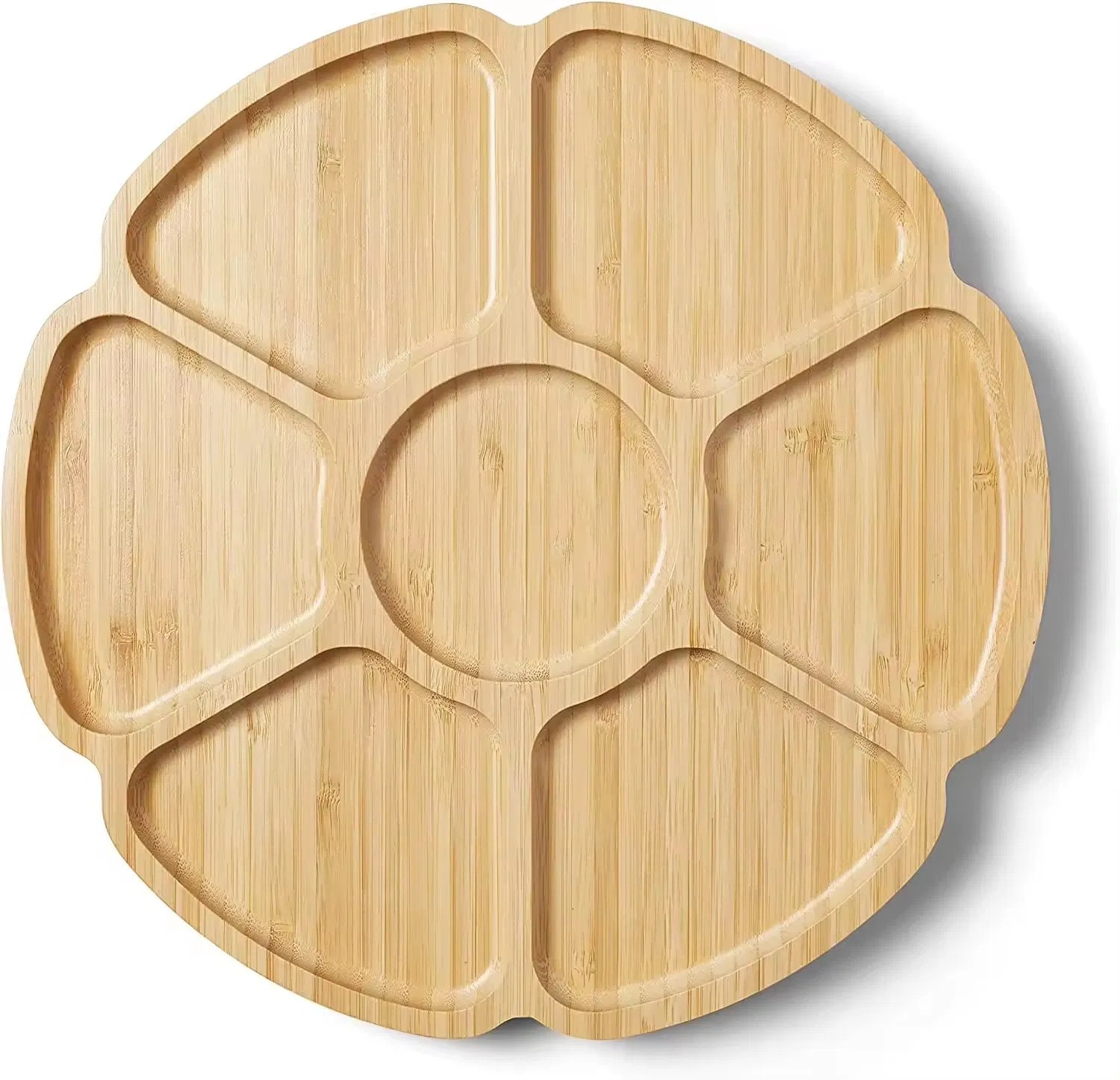 Custom 7 Compartment Divided Wooden Snack Fruit Plate Round Bamboo Serving Tray