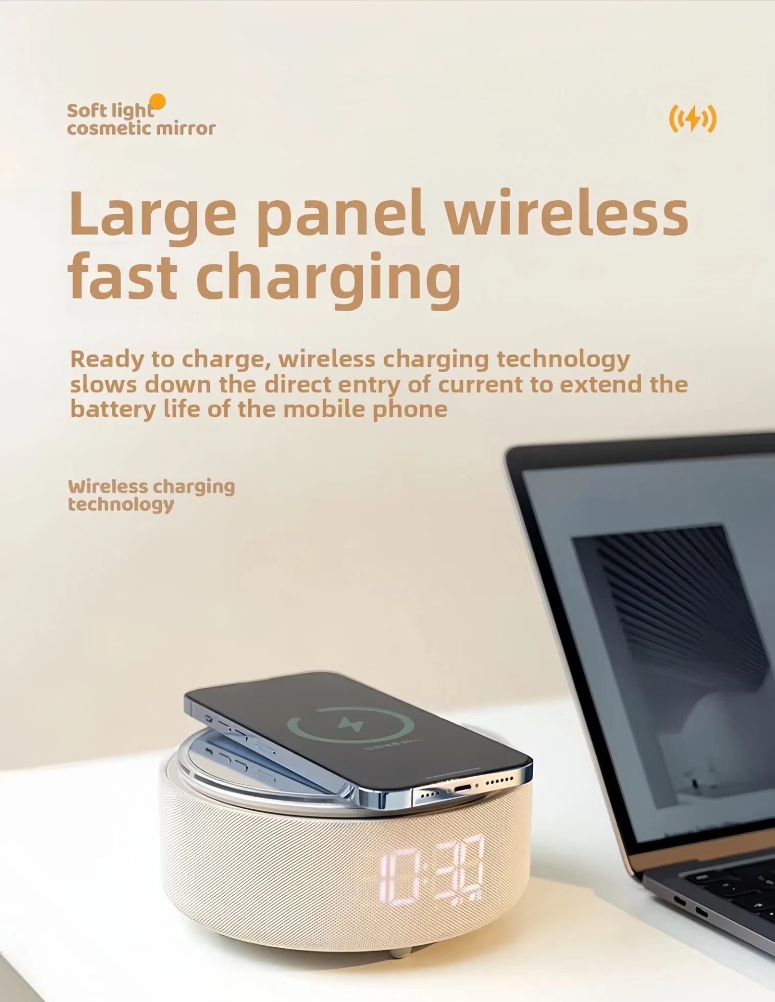 Mobile Phone Wireless Charging Wireless Bt Speaker Folding Time Display Night Lights Makeup Mirror