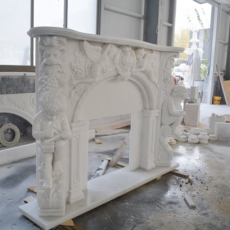 Antique Design Marble Fireplace with Angels for Home Decoration