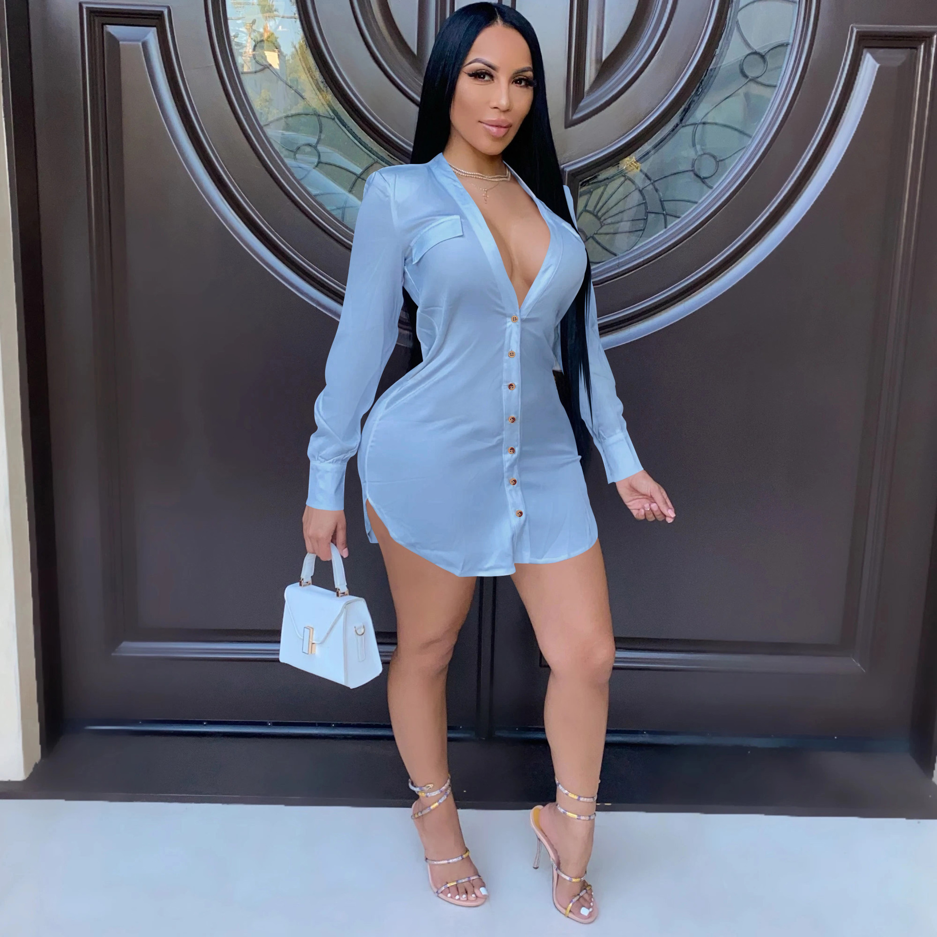 Рубашка женская осенняя V-вырез длинный рукав однотонная