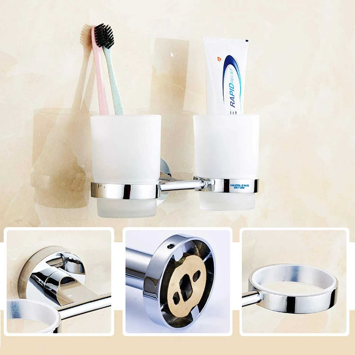 Double Toothbrush Holder Stainless Steel Cups Drinking Glass Hanger