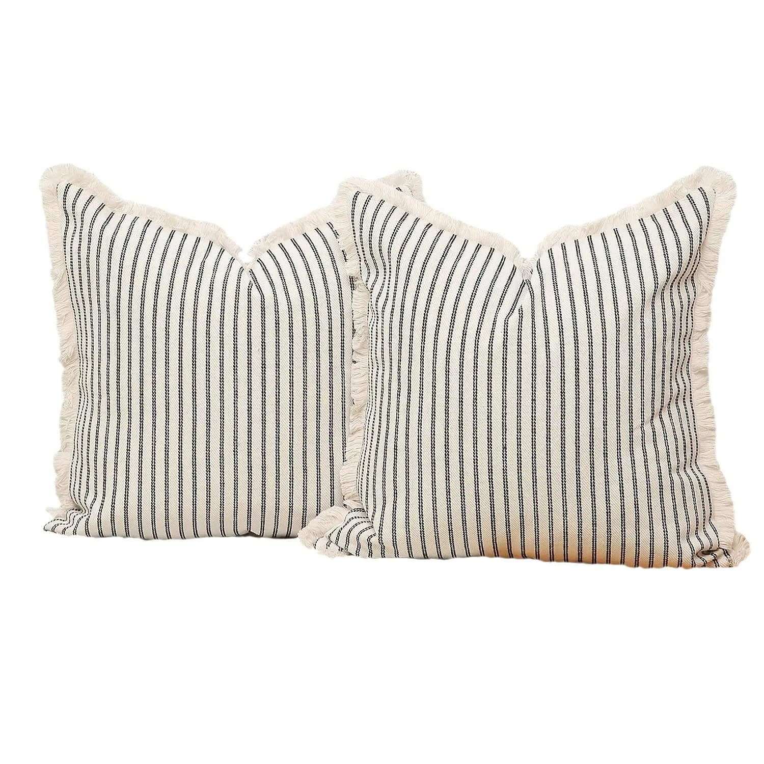 Home Decorative Farmhouse Pillowcase 18 X 18 Inch Striped Throw Pillow Covers with Fringe for Sofa Couch Bedroom
