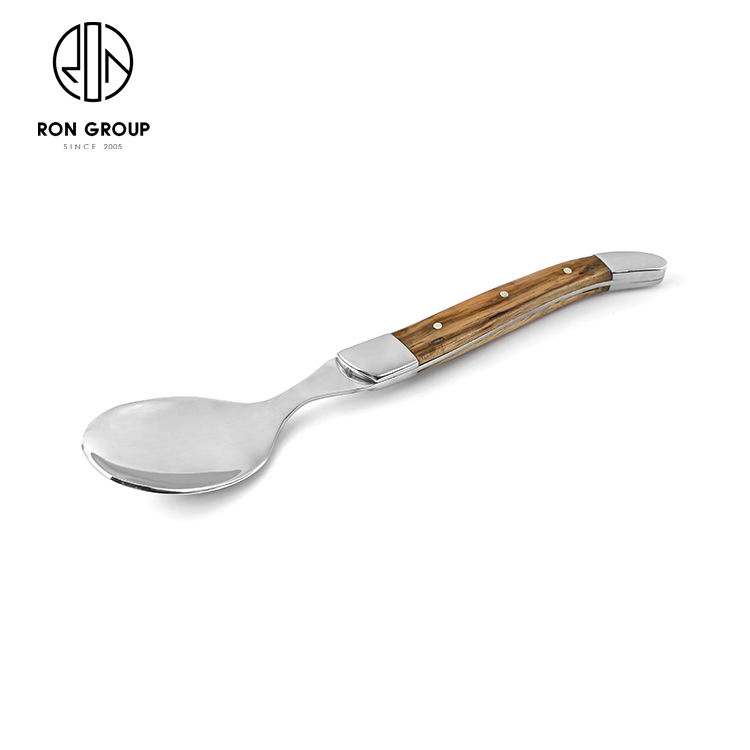 Modern Fast Food Restaurant Dinner Cutlery Wood Handle Stainless Steel Eco-Friendly Spoon Commercial Catering Flatware