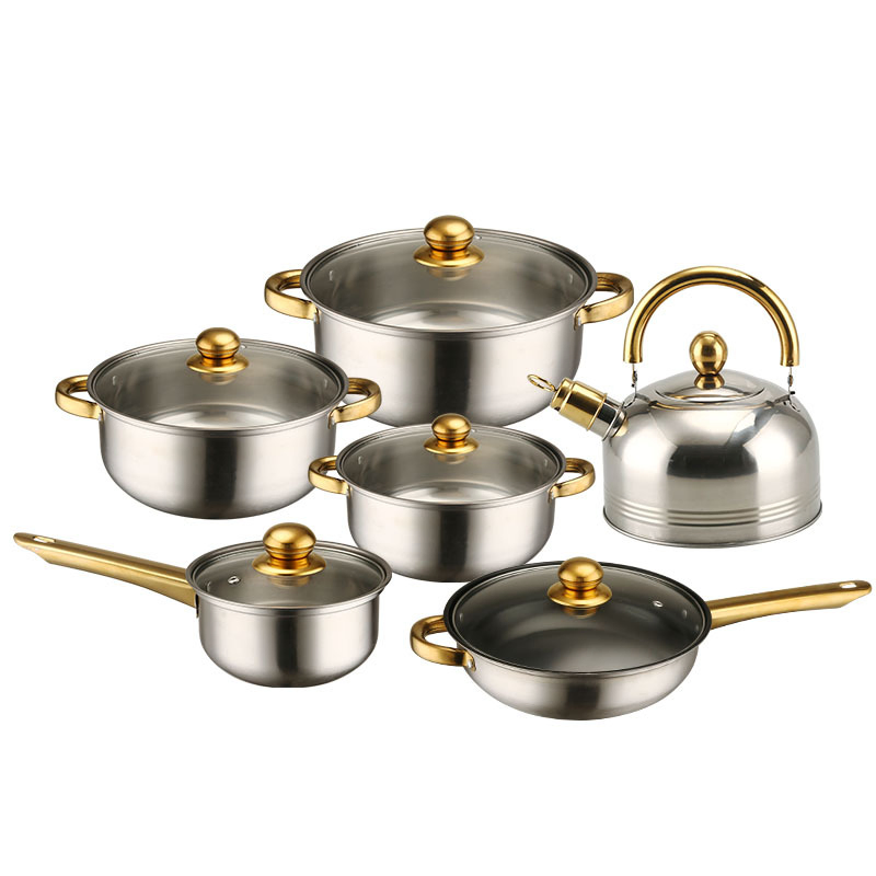 12-PC Multicolor Ss Non-Stick Set W/ Gold Handles & Wok Cookware Set