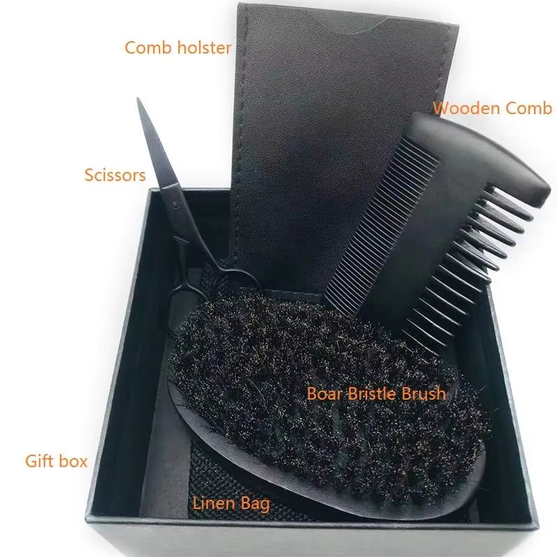 Private Label Custom Logo Black Boar Bristle Beard Brush and Combs Men Beard Kit Gift Set