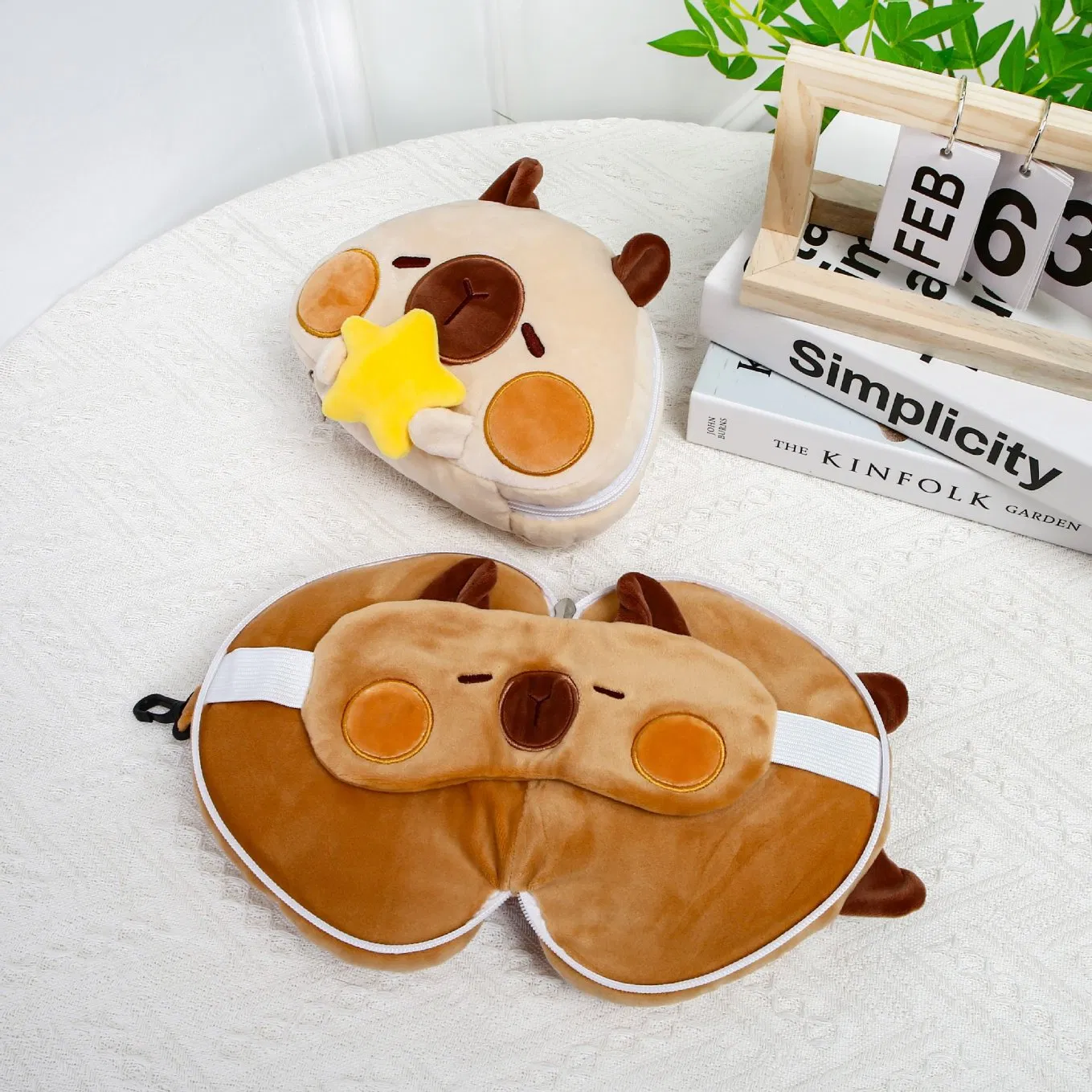 Cute Capybara Soft Plush Folding Neck Head 2 in 1 Travel Pillow Set Eye Mask