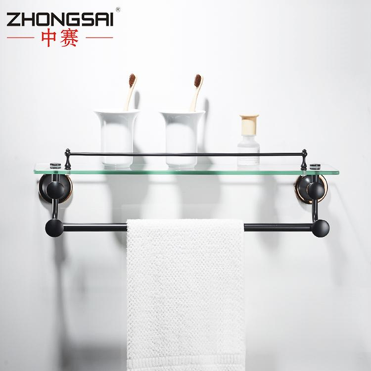 Royal Bathroom Wall Mounted Antique Black Single Tier Towel Glass Wall Shelf with Towel Bar