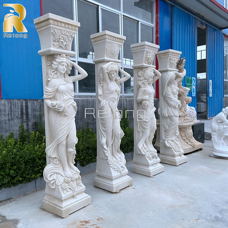 New Design Architectural Stone Pillar Hand Carved Natural Luxury Marble Column with Lady Sculpture Supplier