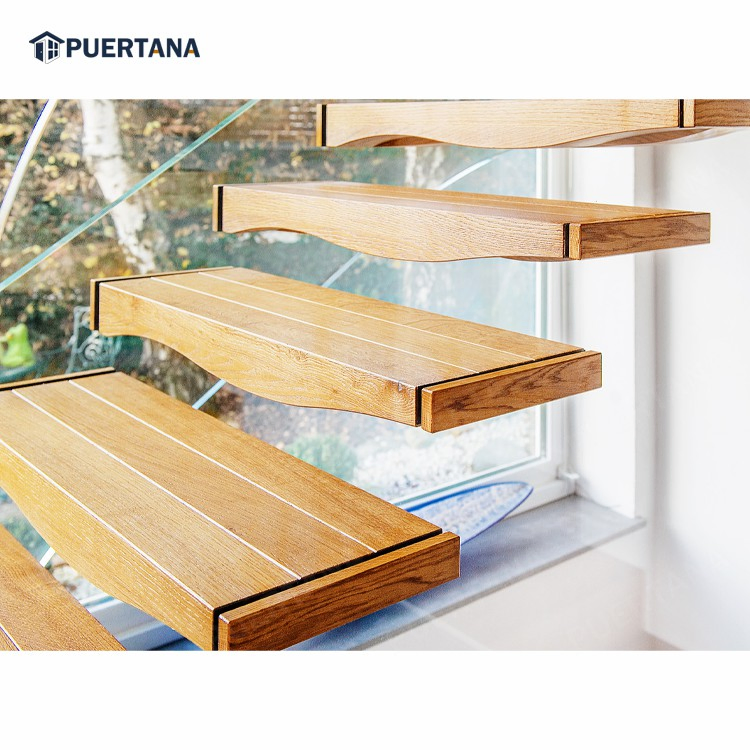 Invisible Stringer Wooden Tread Floating Cantilevered Staircase Straight Floating Stairs with Glass Railing Designs