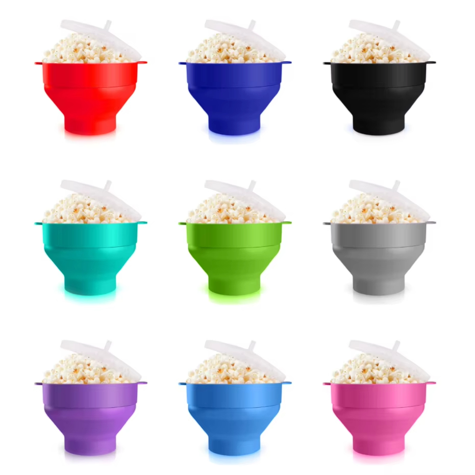 Customizable Logo Printable Collapsible Silicone Microwave Popcorn Maker with Lid and Handle Sustainable Popcorn Bucket Bowl