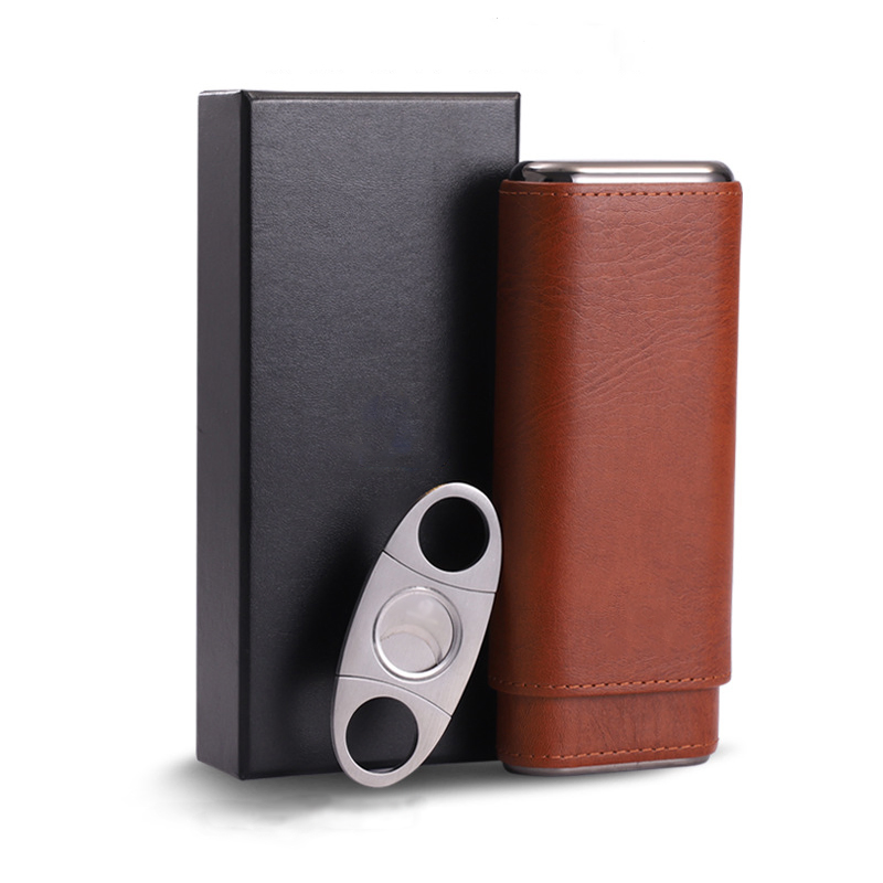 Luxury Leather Cigar Tube Cigar Cutter Holder Case Gift Set