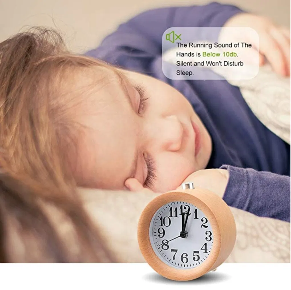 Handmade Classic Small Round Silent Table Snooze Wood Alarm Clock with Nightlight