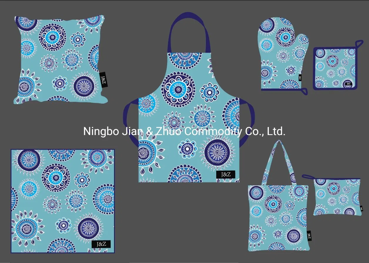 Custom Digital Print Dark Blue Flower Polyester or Cotton Kitchen Textile Set Used for Kitchen, Home Decoration, Shopping