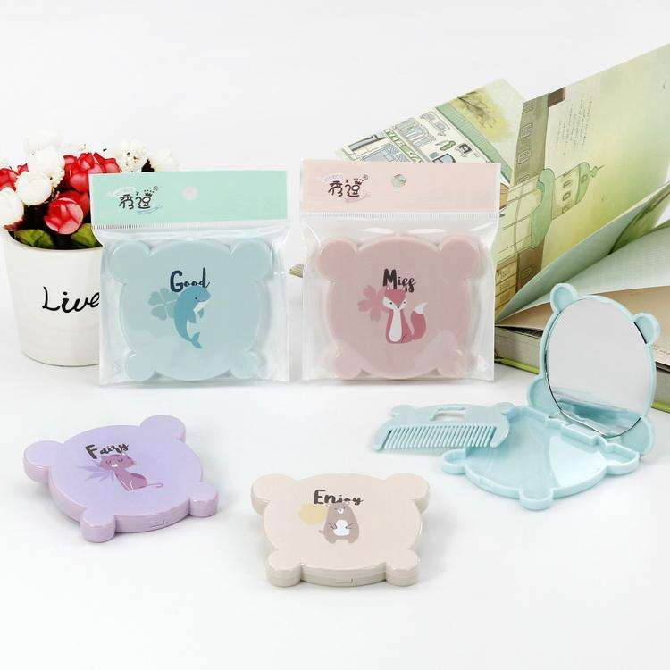 Portable Plastic Cute Cartoon Pocket Makeup Mirror with Comb for Makeup Retouch