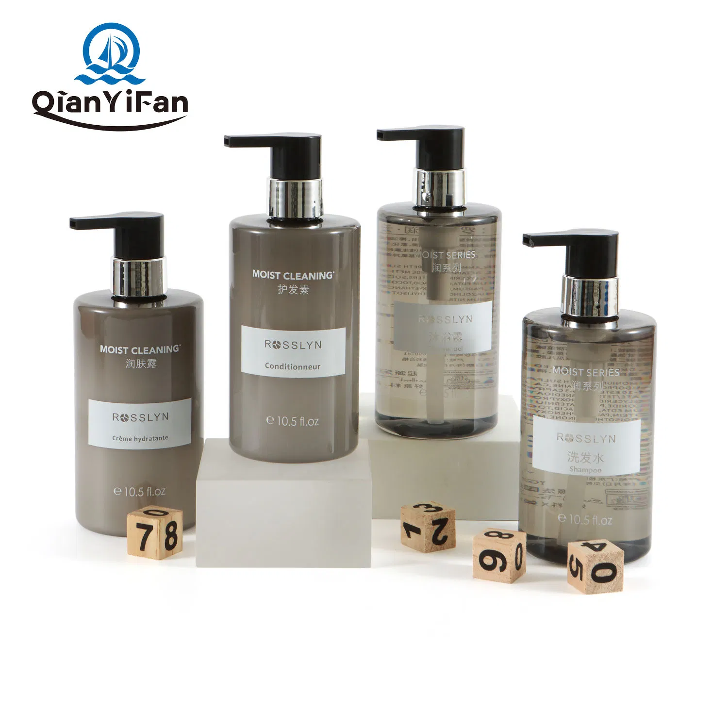 Rosslyn Extreme Moisture Wash Set Can Be Customized with Various Sizes of Shampoo, Shower Gel, Body Lotion, and Conditioner.