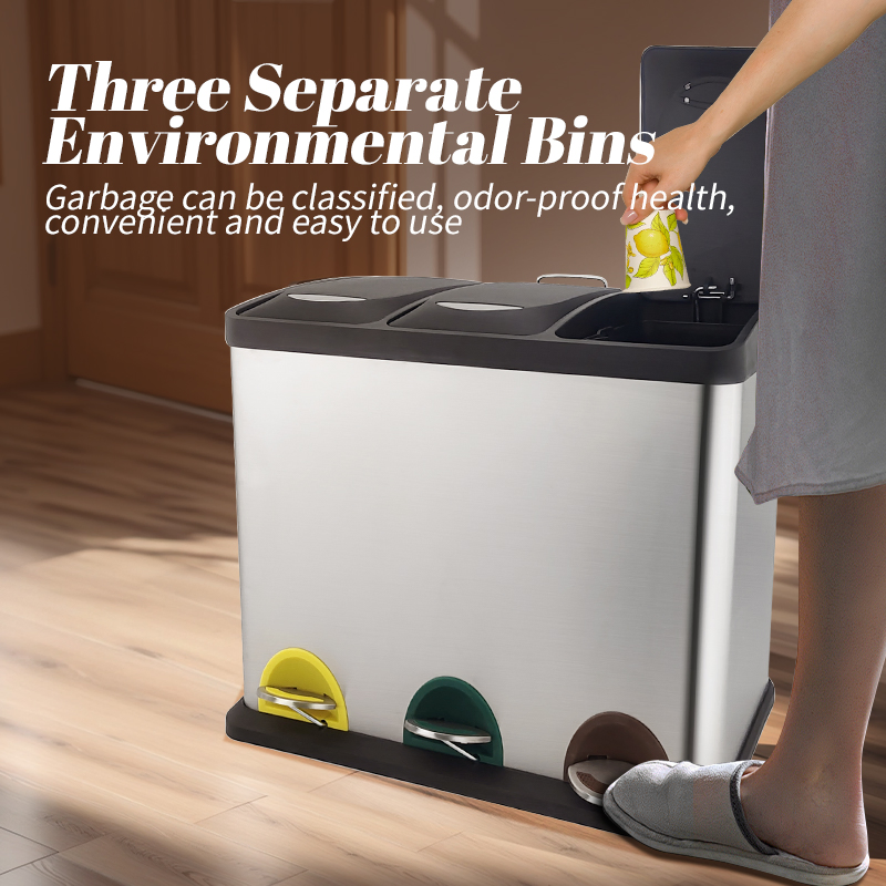 Daosheng 3 Compartments Classified Stainless Steel Trash Can 45L Large Capacity Recycling Garbage Bin Kitchen Pedal Waste Bin