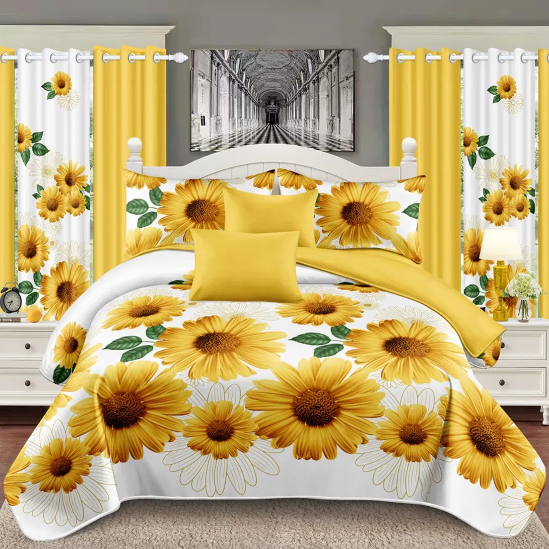 OEM/ODM Guangdong Yellow 11 Pieces Printing Comforter Polyester Cotton Pillowcase Bed Sheets Home Textile Quilted Bedspread Bedding Set with Bedroom Curtain