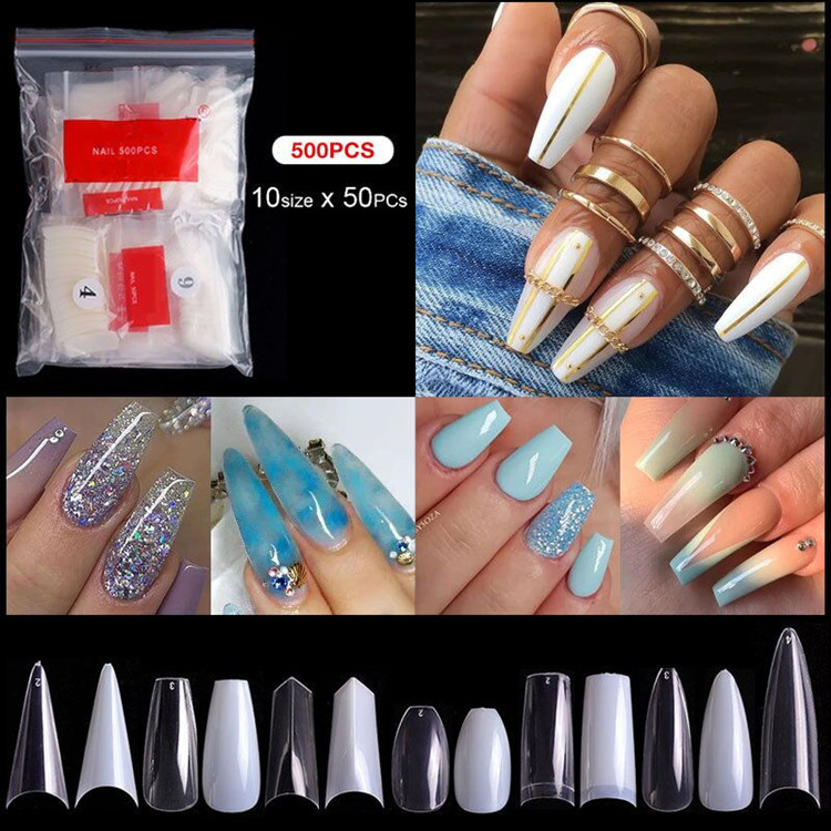500PCS Artificial Nail Art Tips, Coffin Long Square Stiletto Nail Fake Tip