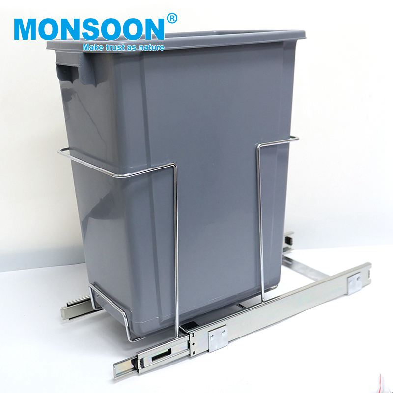 Kitchen Fitting Cabinet PP Dustbin Single Waste Container Storage Under Mount Slide Pull-out Indoor Soft Closing Single Trash Garbage Bin