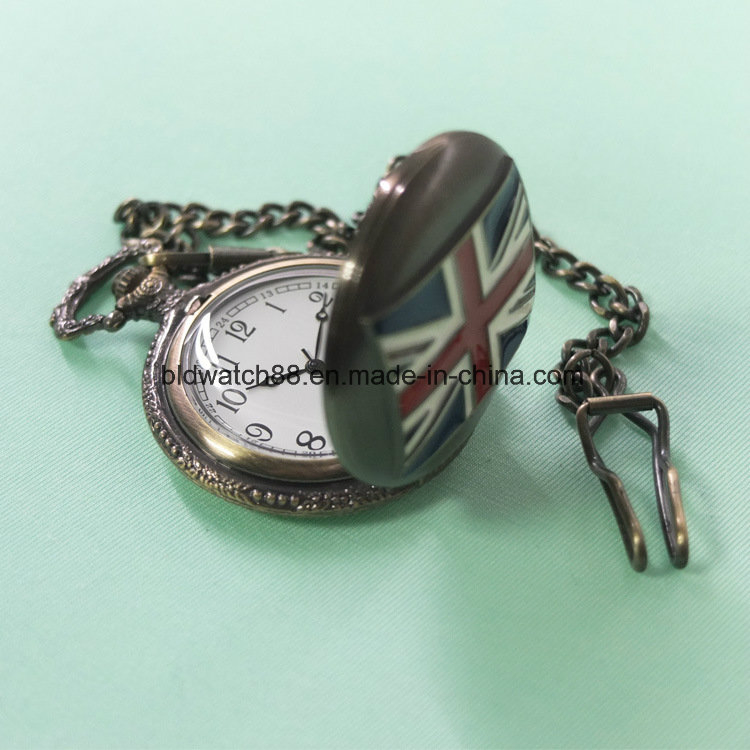Best Gift Alloy Japan Movement Quartz Pocket Watch with Flag Pattern