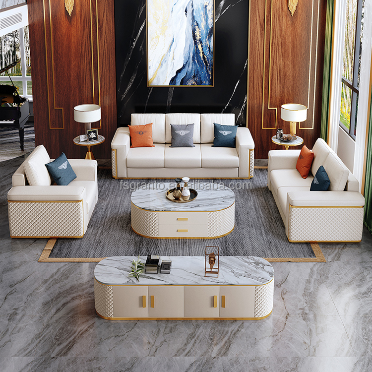 Мебель для гостиной диван белая экокожа с золотом металл