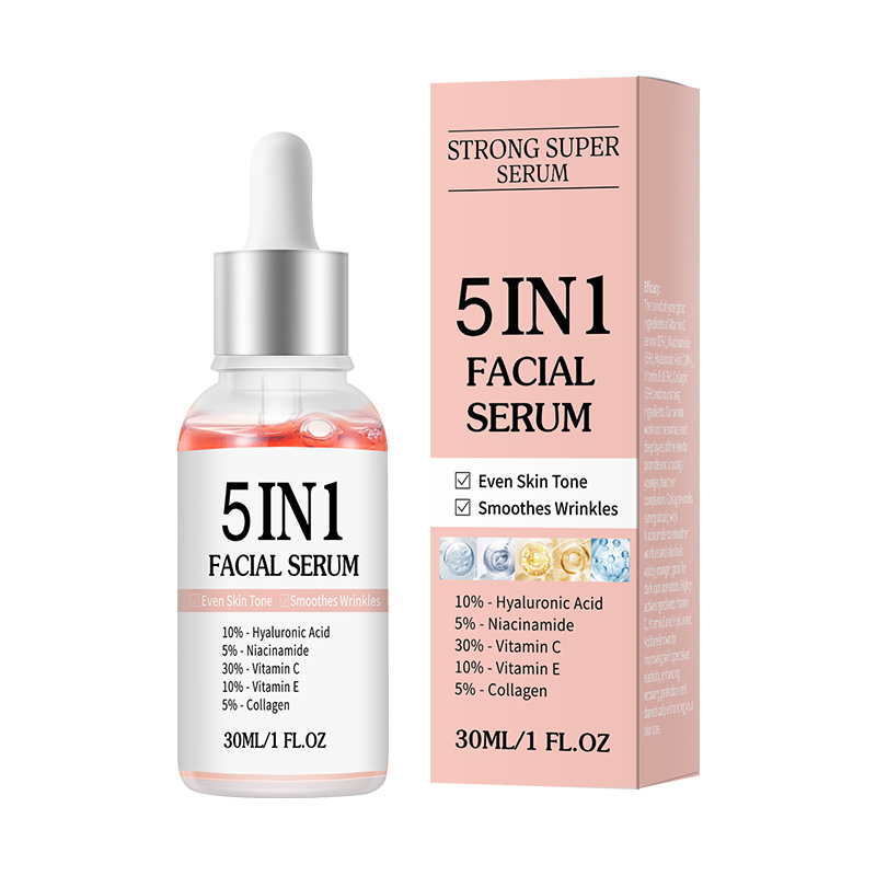 Hot Sale 5 in 1 Facial Serum with Vitamin C, Vitamin E, Hyaluronic Acid, Niacinamide & Collagen