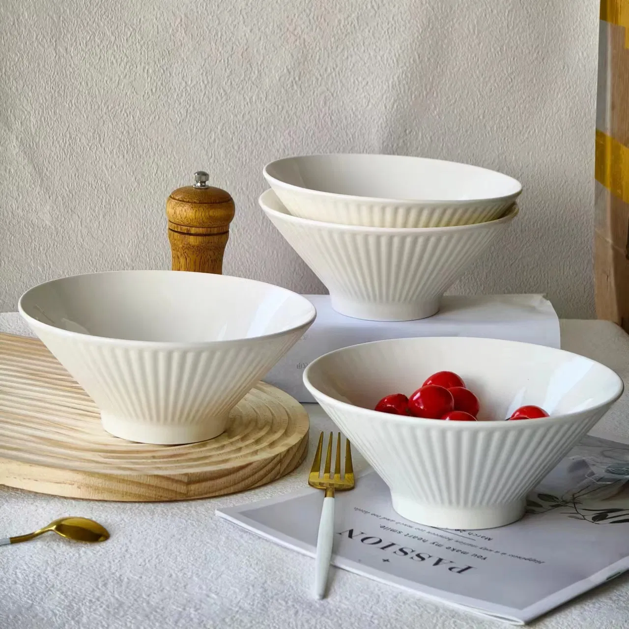 8"Salad Food Soup Bowl White Body with Emboss Ceramic Porcelain Tableware