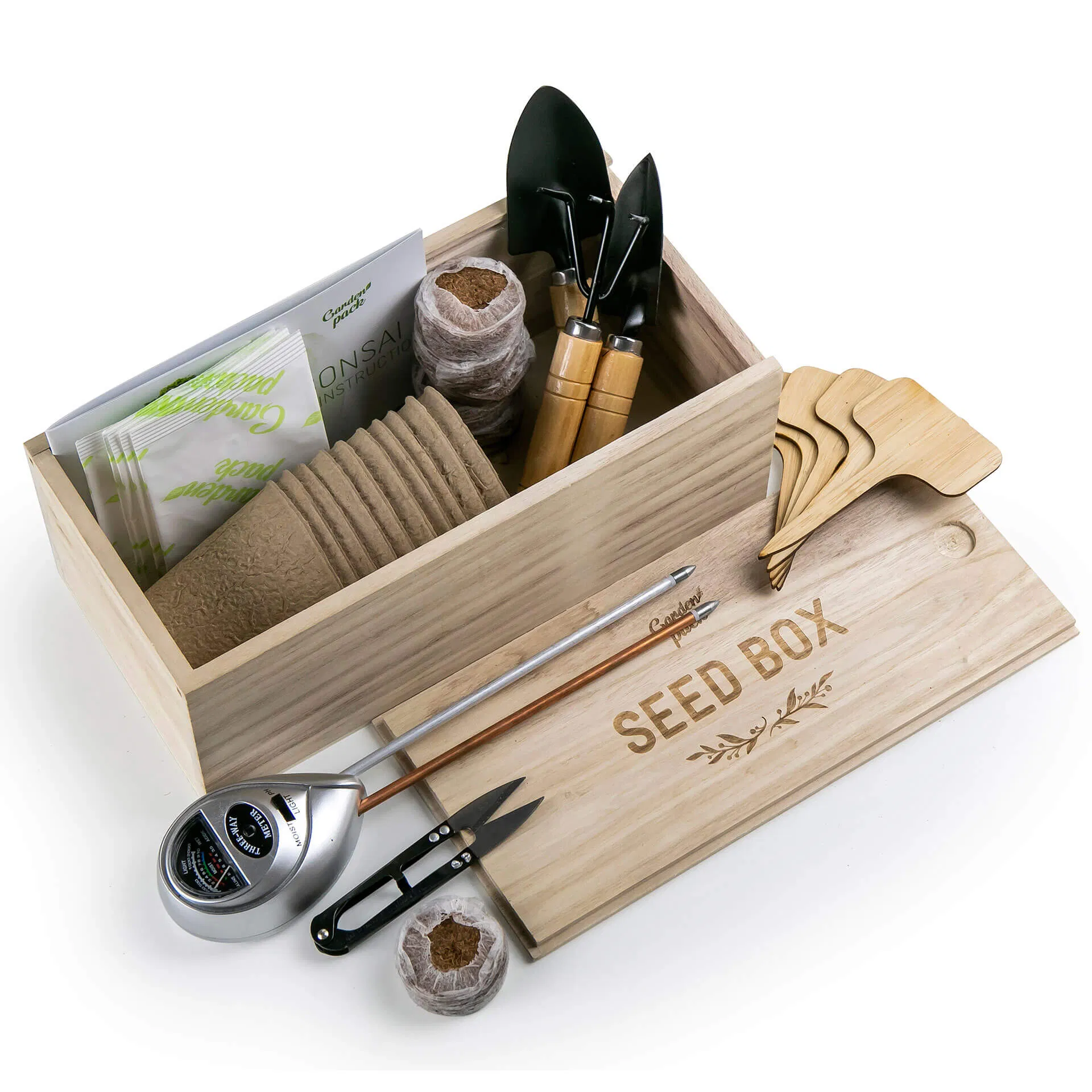 Garden Pack Grow Your Own Bonsai Tree Kit with Plant Markers Soil Moisture Light pH Meter Peat Pots Peat Pellets Pruning Scissors Miniature Gardening Tools