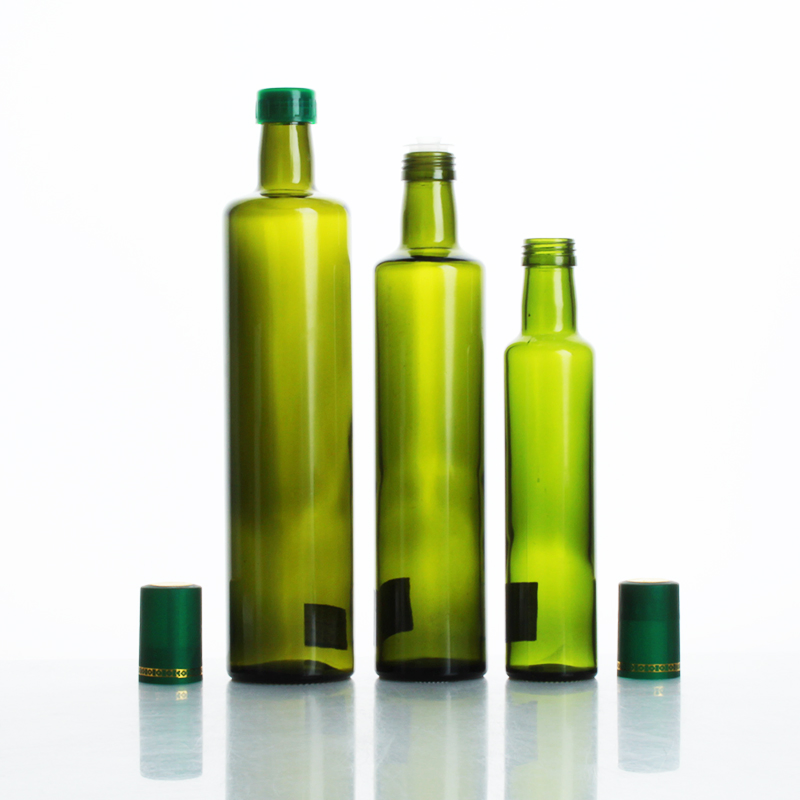 Green Glass Olive Oil Bottle for Kitchen Dispenser with Lid