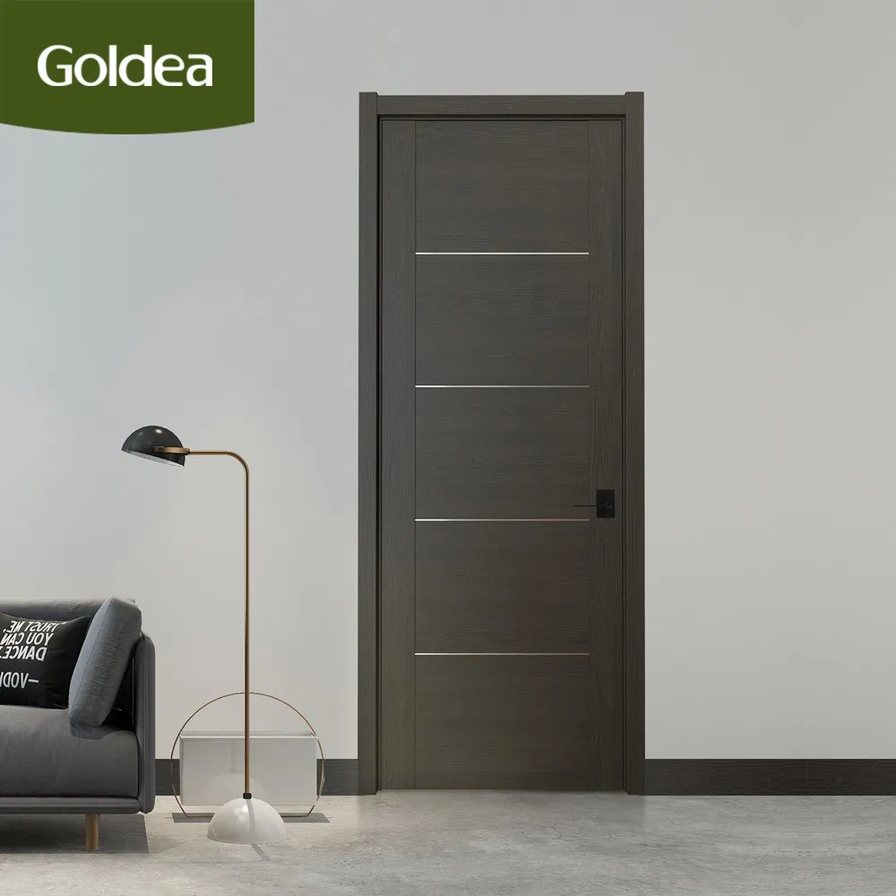 ODM European Style Finished China MDF PVC Bypass Interior Hotel Toilet Wooden Front Door with Metal Strips Inlay Design