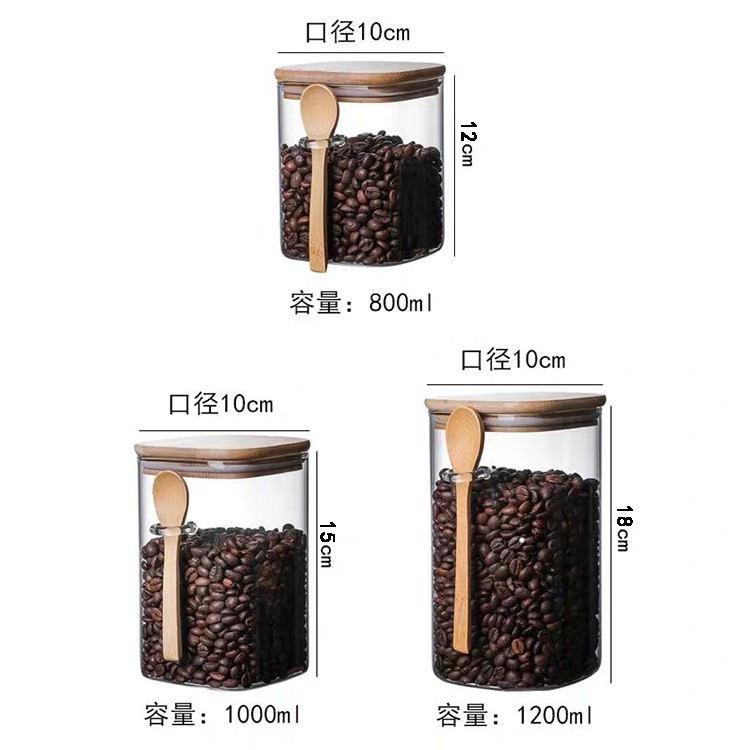 Wholesale Transparent Glass Sealed High Borosilicate Food Grade Square Glass Bamboo Lid Storage Jar with Spoon