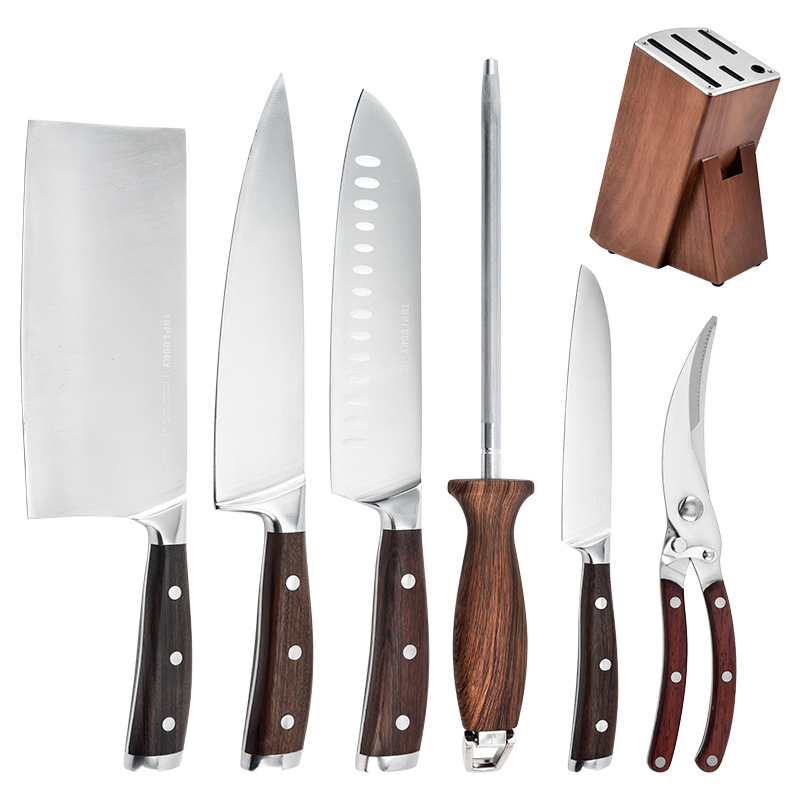 Kitchen Knife Set with Wooden Base Stainless Steel Scissors Household Seven-Piece Set