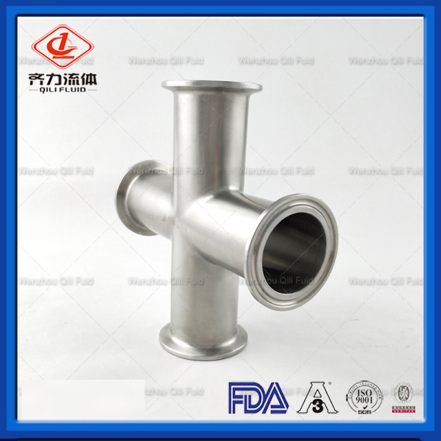Sanitary SS304 3A, DIN, SMS Cross with Tri Clamp Ends Four Way Equal Cross