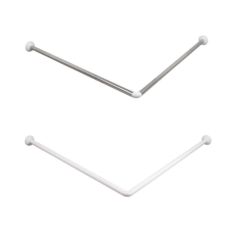 Sanipro Adjustable Tension Shower Curtain Poles L Shaped Bathroom Corner Shower Curtain Rod Set with Ceiling Support Ring Hook