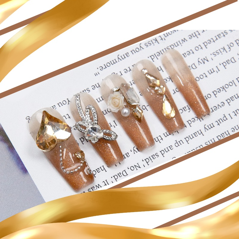 Glamorous Champagne Brown Gradient Press-on Nails with Pearls