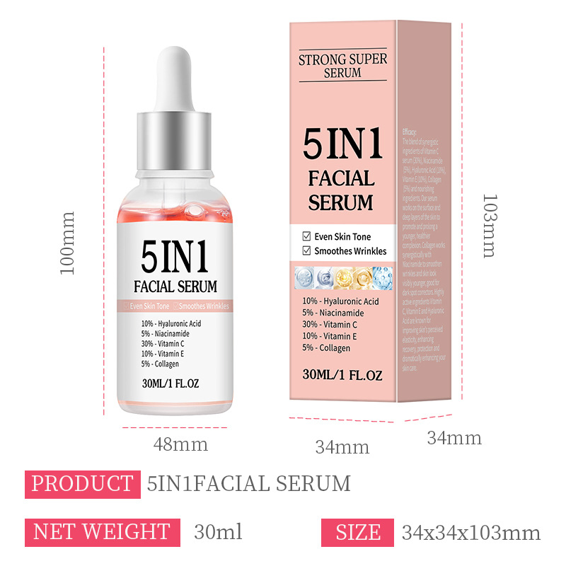 Hot Sale 5 in 1 Facial Serum with Vitamin C, Vitamin E, Hyaluronic Acid, Niacinamide & Collagen