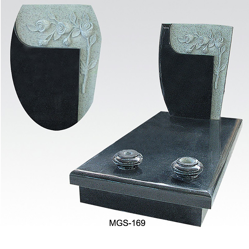 Red Granite Headstone with Flower Carving and Vase