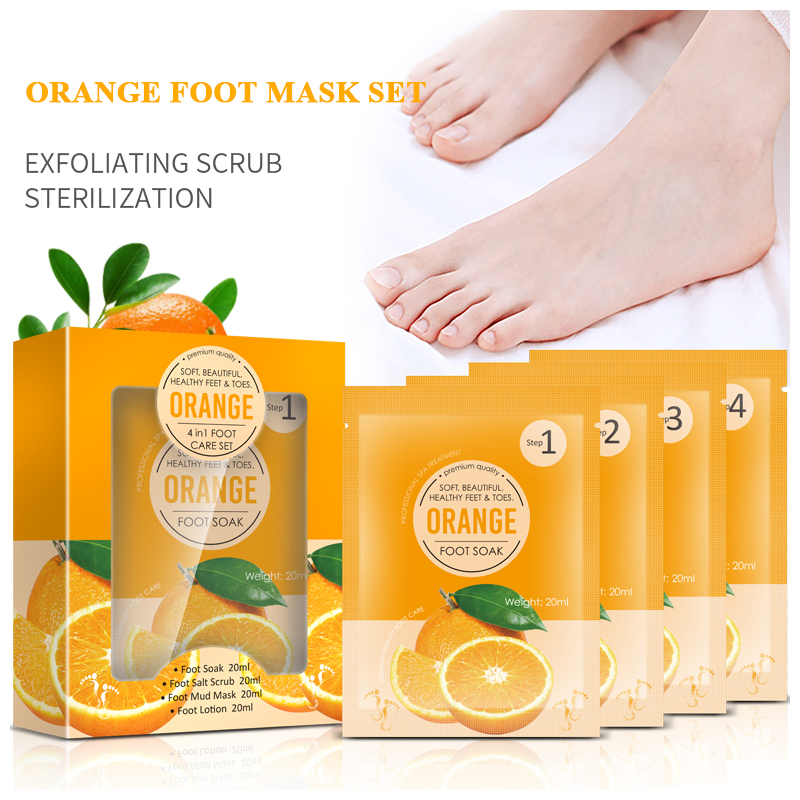 Customize Logo Peeling off Feet Care Set Orange Foot Soak Salt 4 in 1 Pedicure Moisturizing Exfoliating Scrub