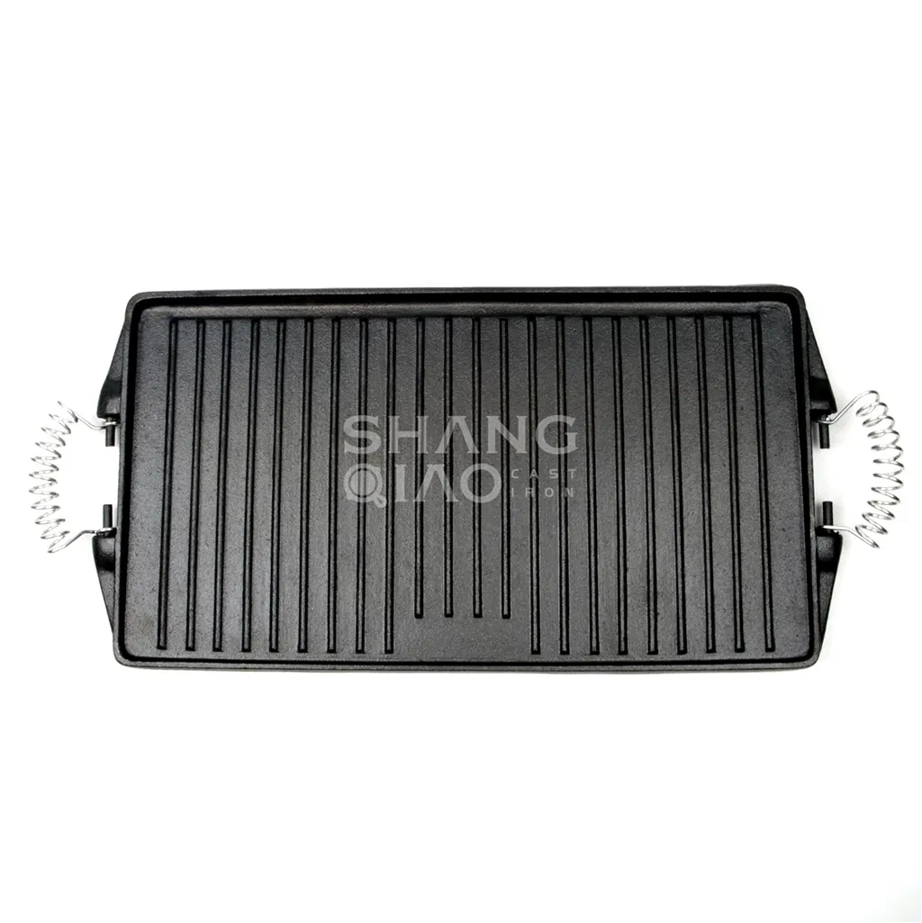 Multi-Use Cast Iron Reversible Grill Griddle Plate Rectangular with Coil Grip Handles