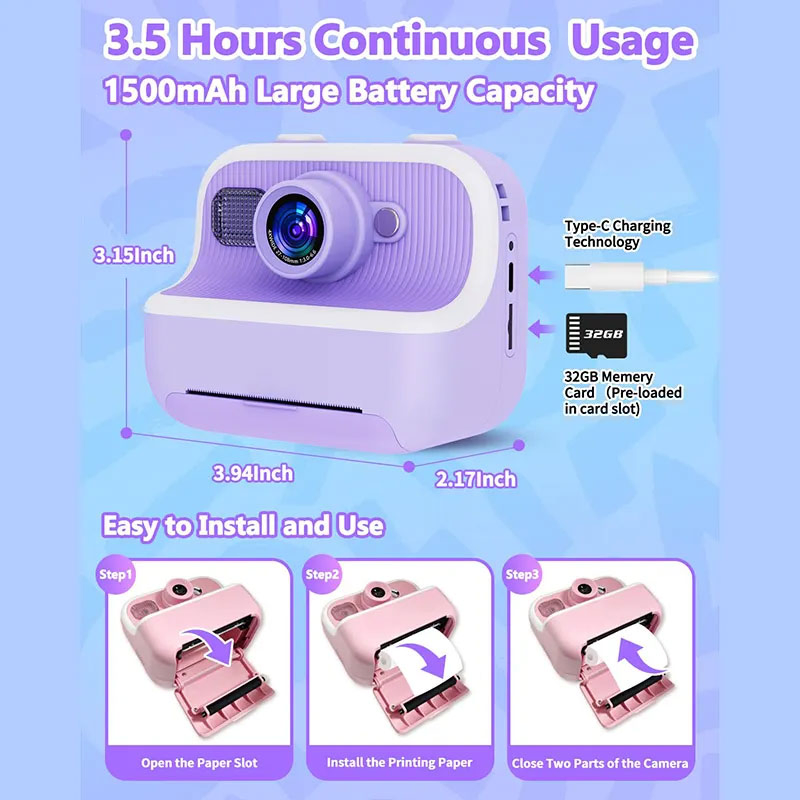 Kids Instant Print Camera with Thermal Paper and 1080P HD Fun 1080P HD Children’ S Camera with Instant Print Feature