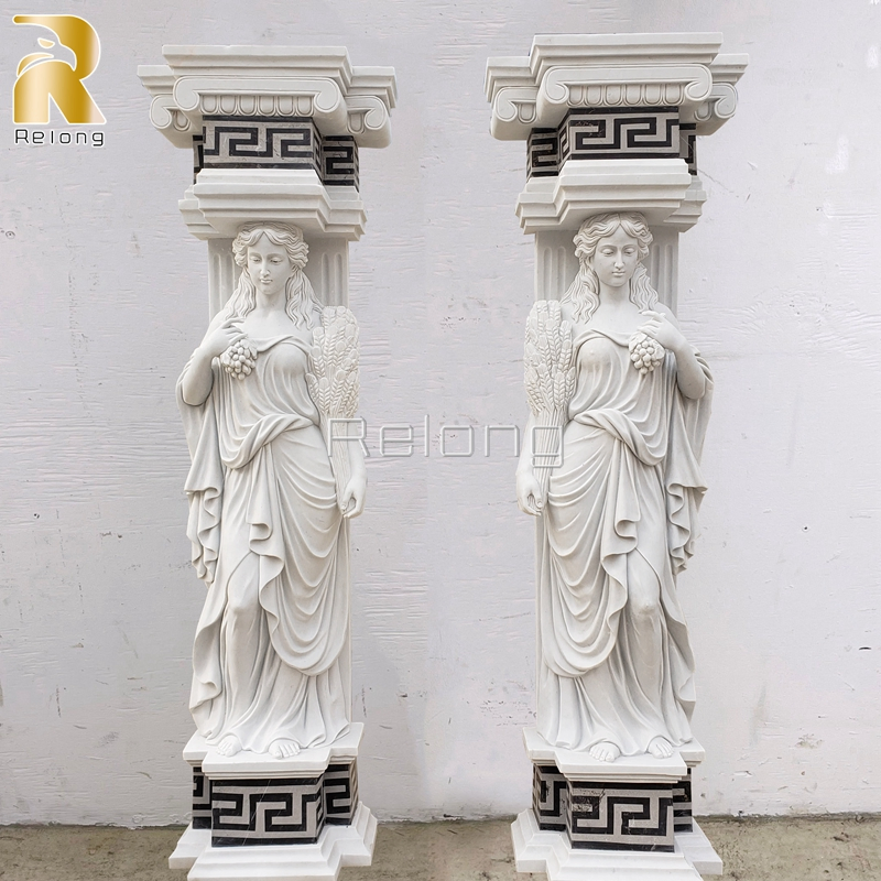 New Design Architectural Stone Pillar Hand Carved Natural Luxury Marble Column with Lady Sculpture Supplier