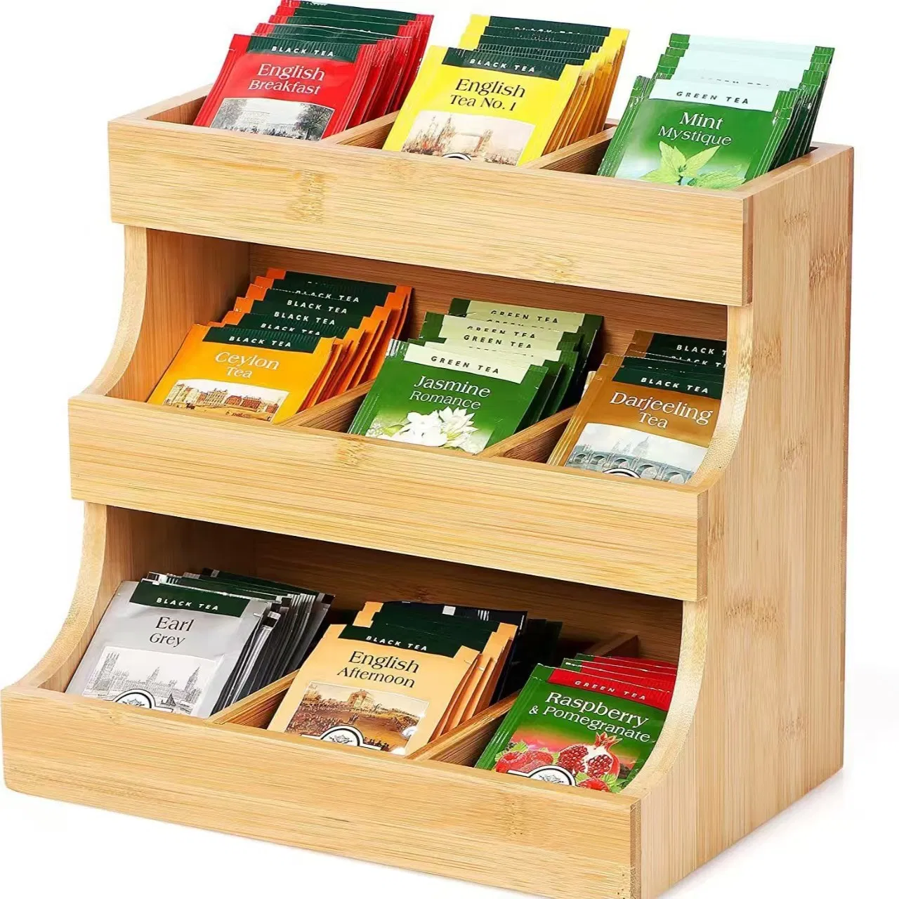 Elegant Multi-Functional Bamboo Multi-Layer Household Desktop Storage Tea and Coffee Bags Shelf