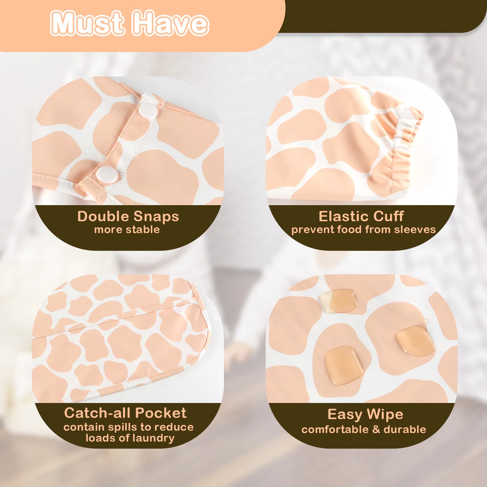 Easy Wipe Long Sleeve Feeding PU Bib for Baby