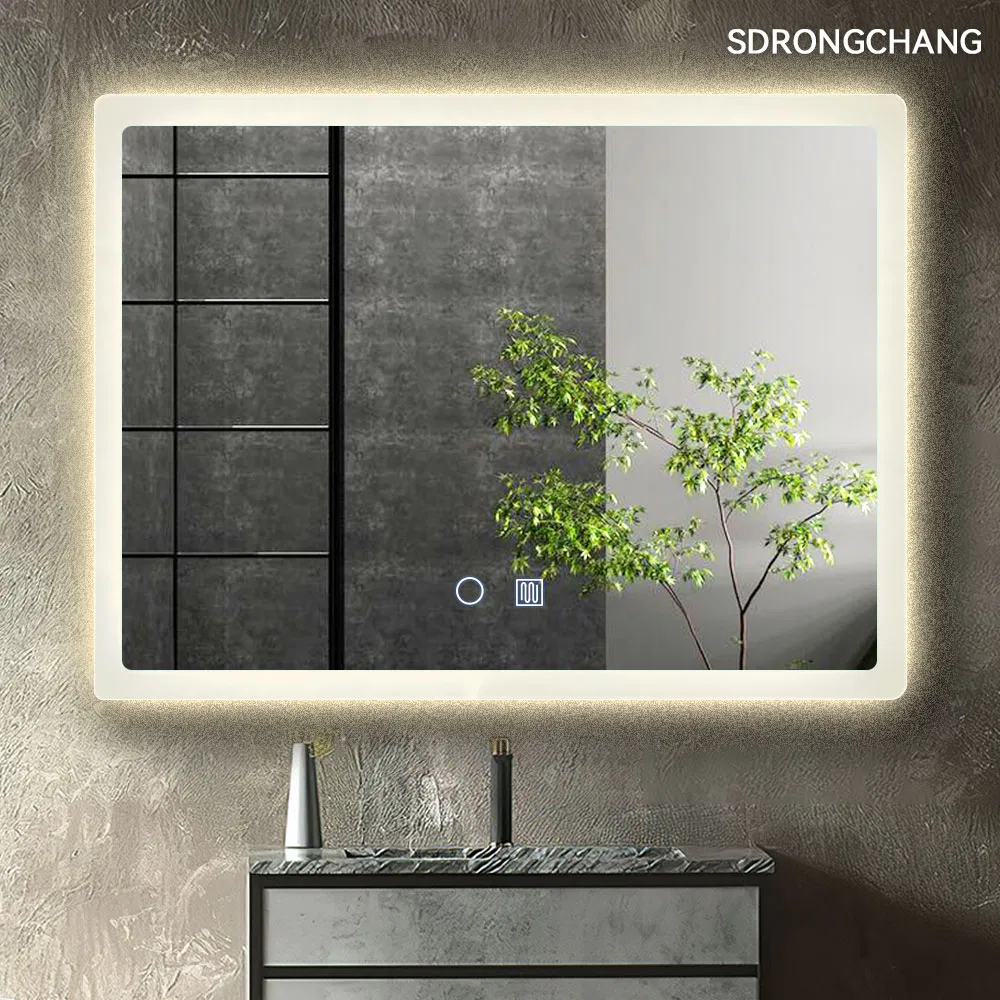 Custom High Quality Rectangle LED Wall Mounted Touch Switch Backlit Lighted Three Colors Vanity Decorative Bathroom Smart Fogless Mirror with UL CE IP44