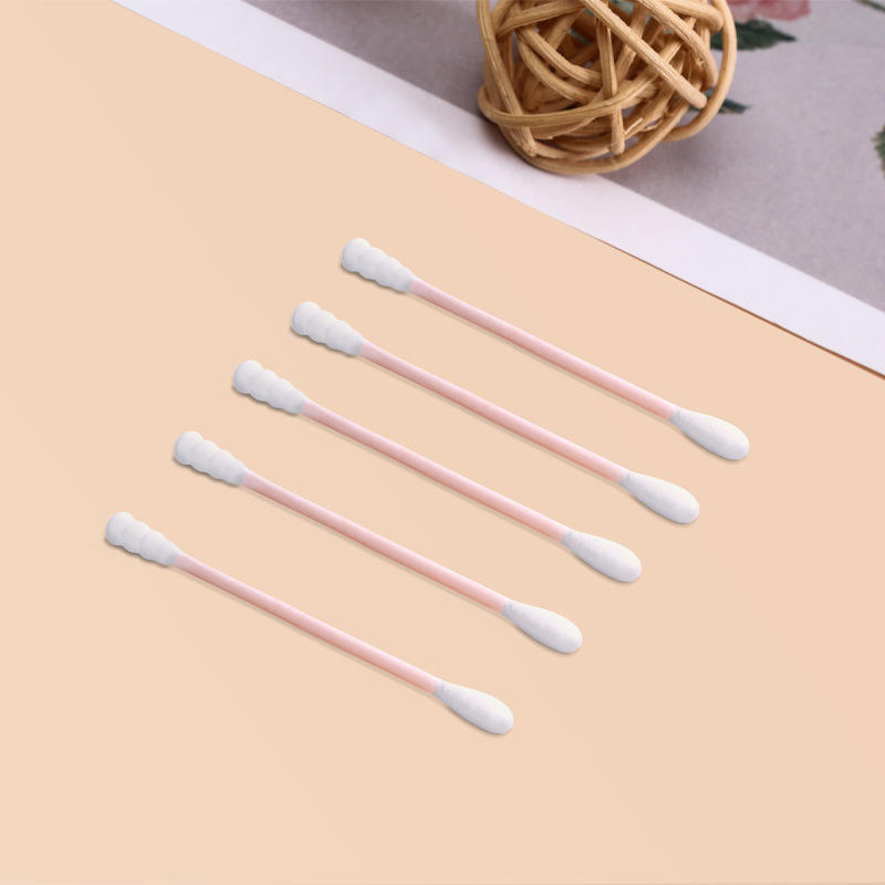 Single Individually-Wrapped Cotton Swabs with Spiral Colored Pink Rods and Double Heads, Disposable