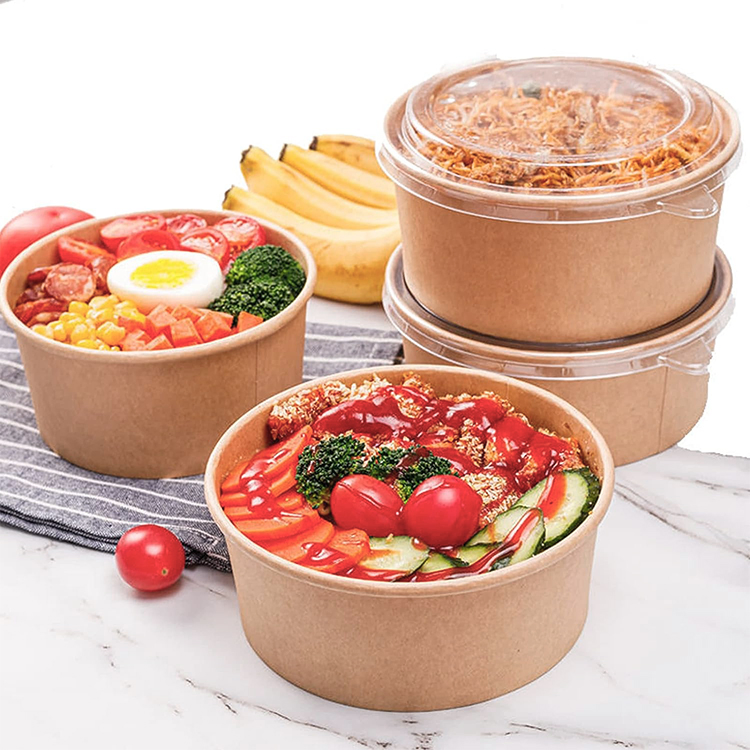 Lunch Box Food Paper Bowl 25oz Kraft Round Disposable Paper Food Container with Clear Lids