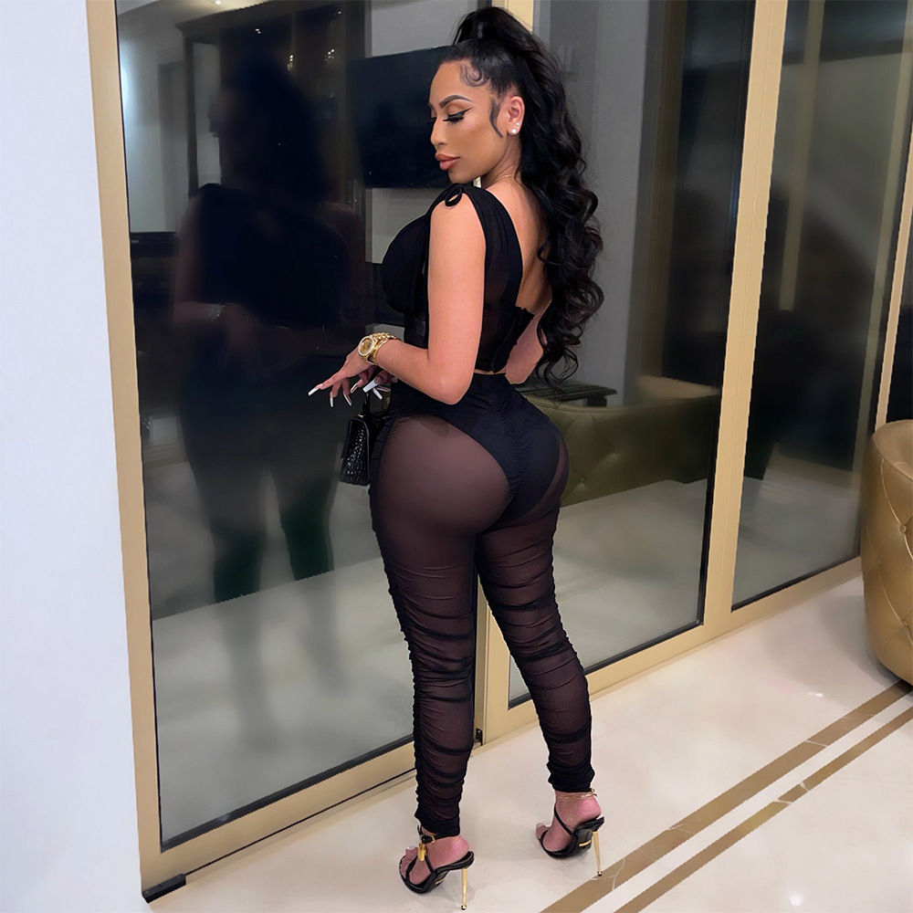 Комплект спортивный женский топ на одно плечо и костюм сетчатый для бега