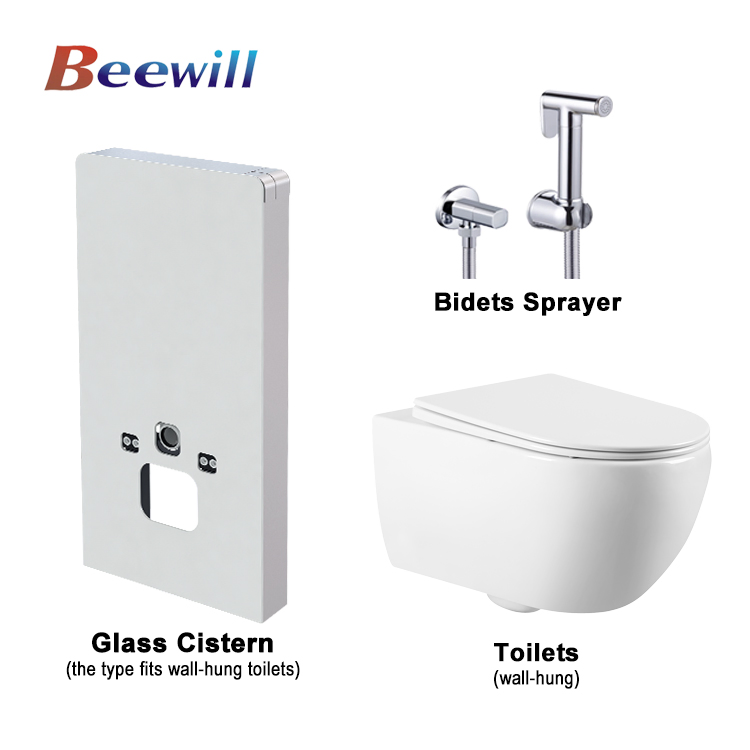 Bathroom White Glass Cistern Air-Controlled Water Tank Wall Mounted Toilet